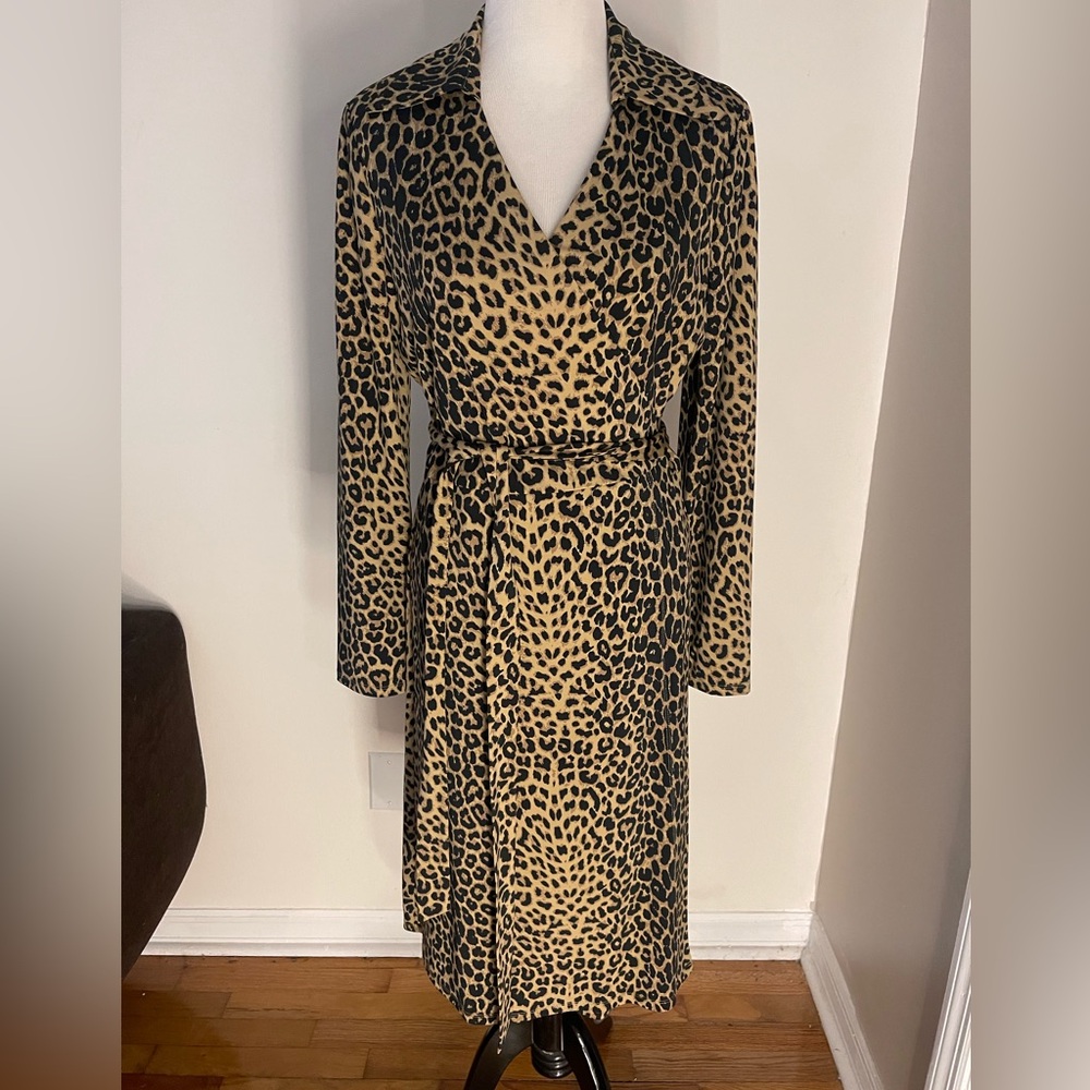 Brooks Brothers Animal Print Wrap Dress V-Neck Long Sleeve